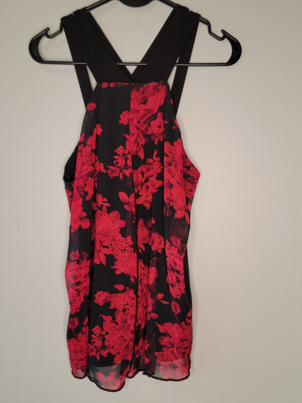 Adele & May Black Red Floral Chiffon Blouse Criss Cross Back Flowy Top Size L
